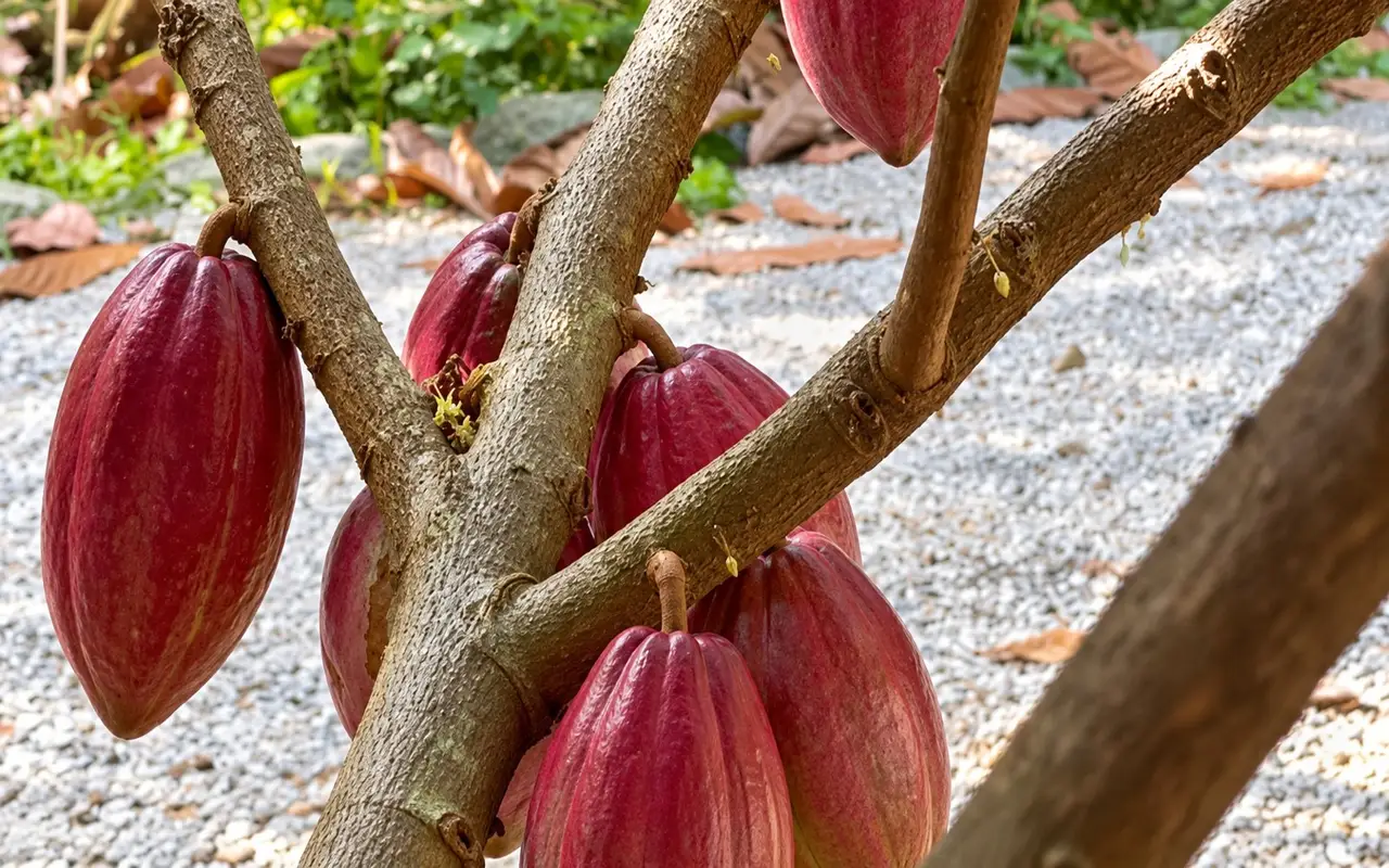 Red cacao pods growing on a tree