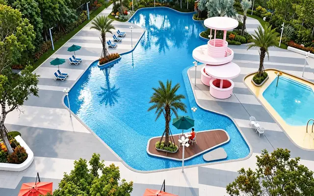 Aerial view of the pool and landscaped deck