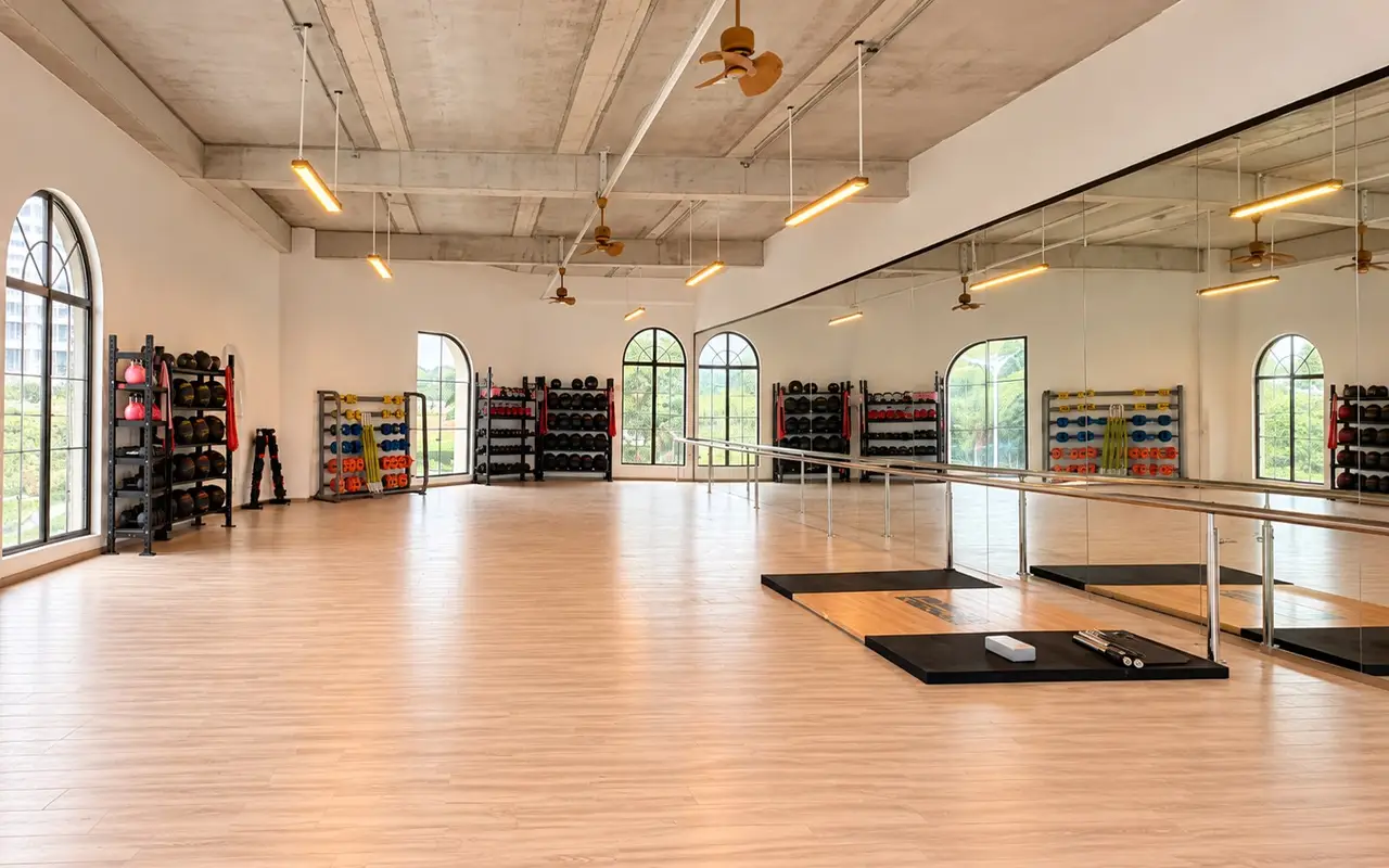 Bright studio with a wooden floor and arched windows