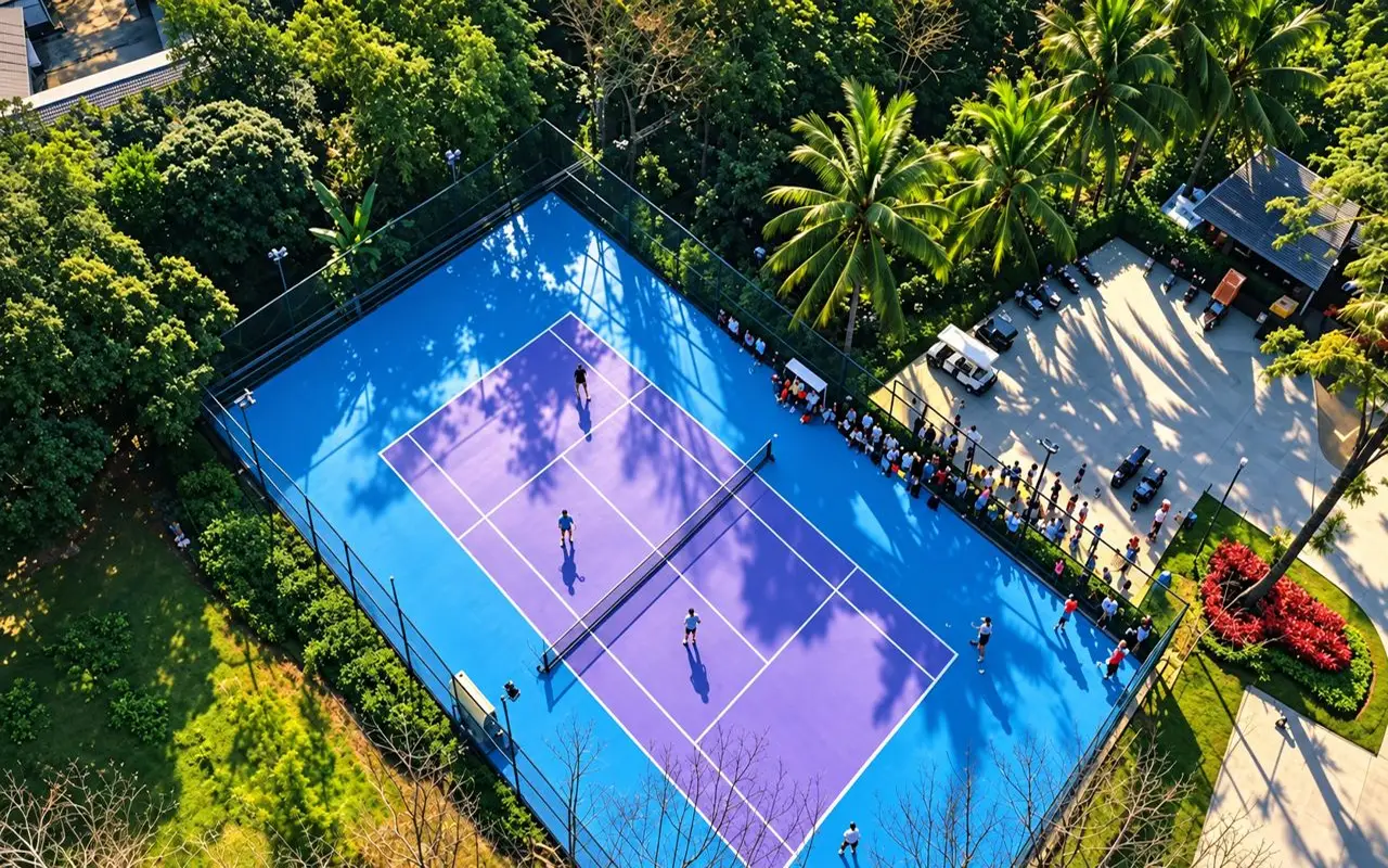 Blue and purple tennis court among palm trees